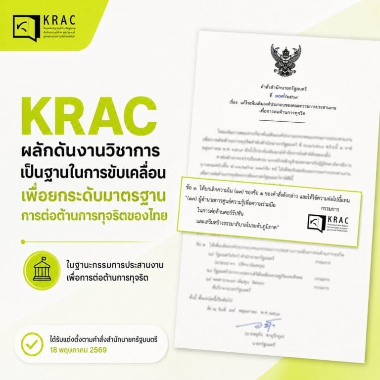 KRAC ได้เข้าร่วมเป็นส่วนหนึ่งของคณะกรรมการประสานงานเพื่อการต่อต้านการทุจริต (คตท.)